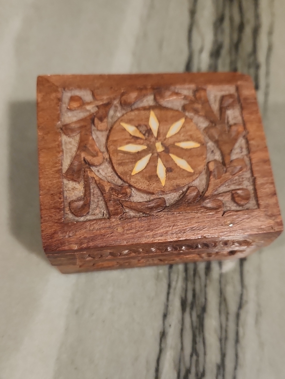 Hand-Carved Wooden Trinket Box with Inlay